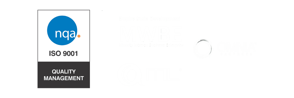 Certification and partnership logos: NQA ISO 9001, SBA 8(a) Certified, Empire State Development MWBE, ITIL, and OMNIA Partners