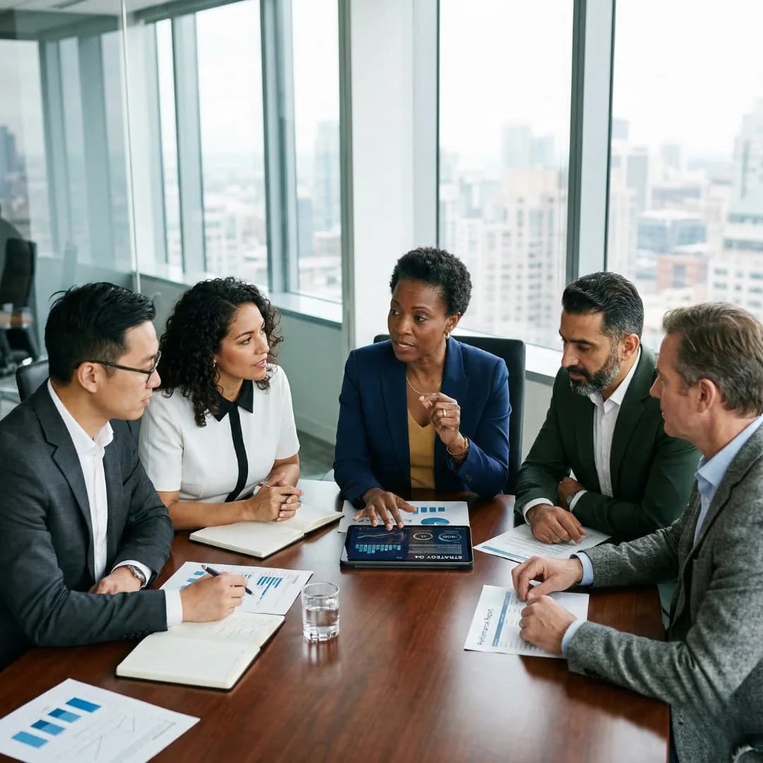 Executive leadership team in a confidential boardroom consultation