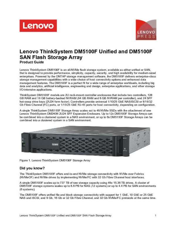 Lenovo ThinkSystem DM5100F Unified and DM5100F SAN Flash Storage Array