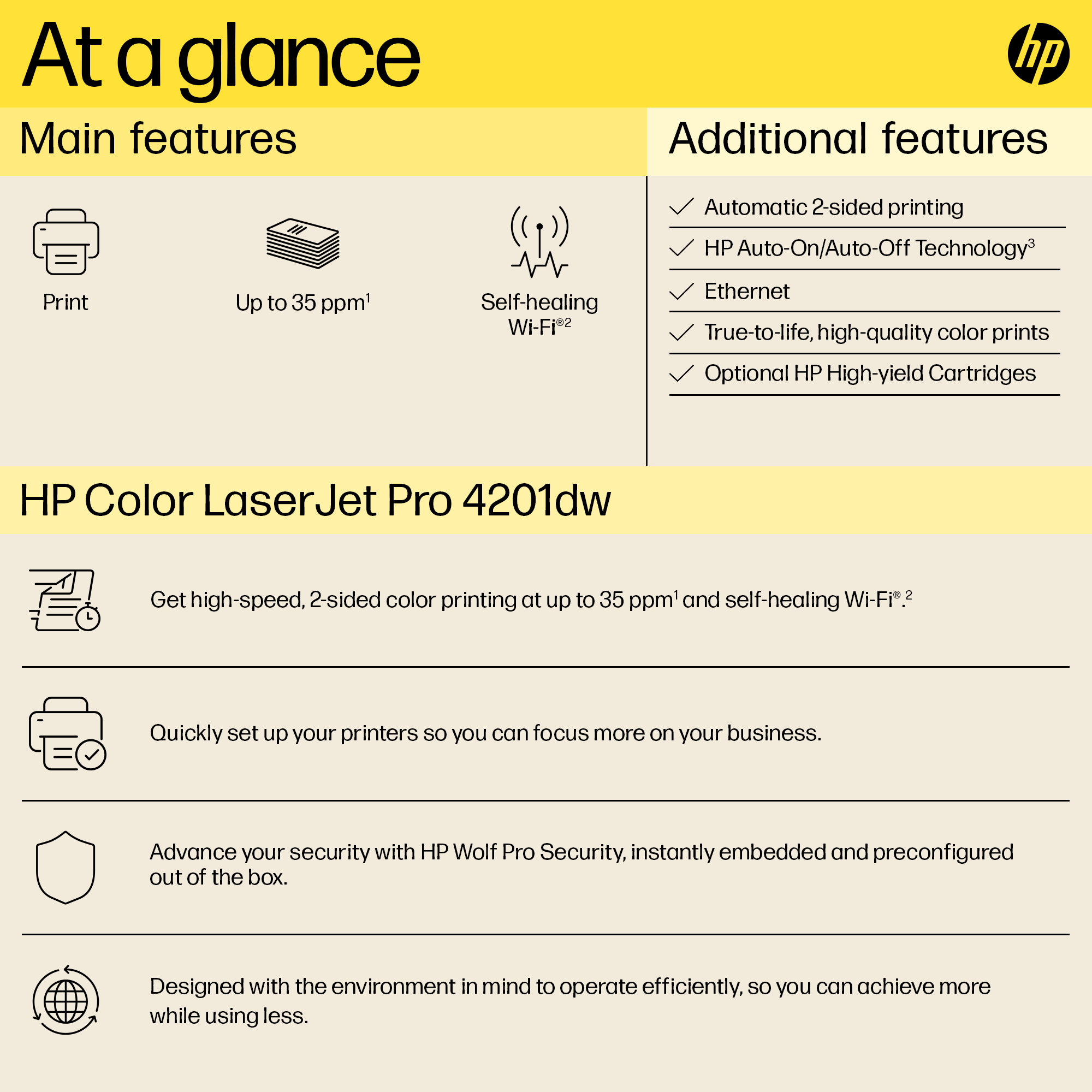 At a glance: Main Features HP Color LJP 4201dw